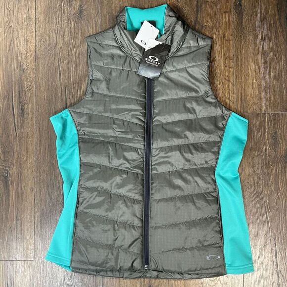 Oakley Gray And Teal Quilted Full Zip Puffer Vest with compact Hood Size XL - Picture 1 of 7